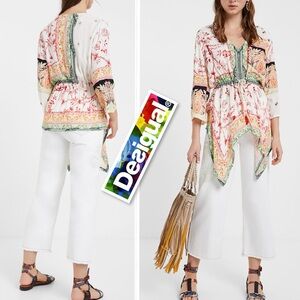 NWT DESIGUAL KAFTAN BLOUSE ETHNIC MOTIFS BEADS EMBROIDERY TOP  Size M